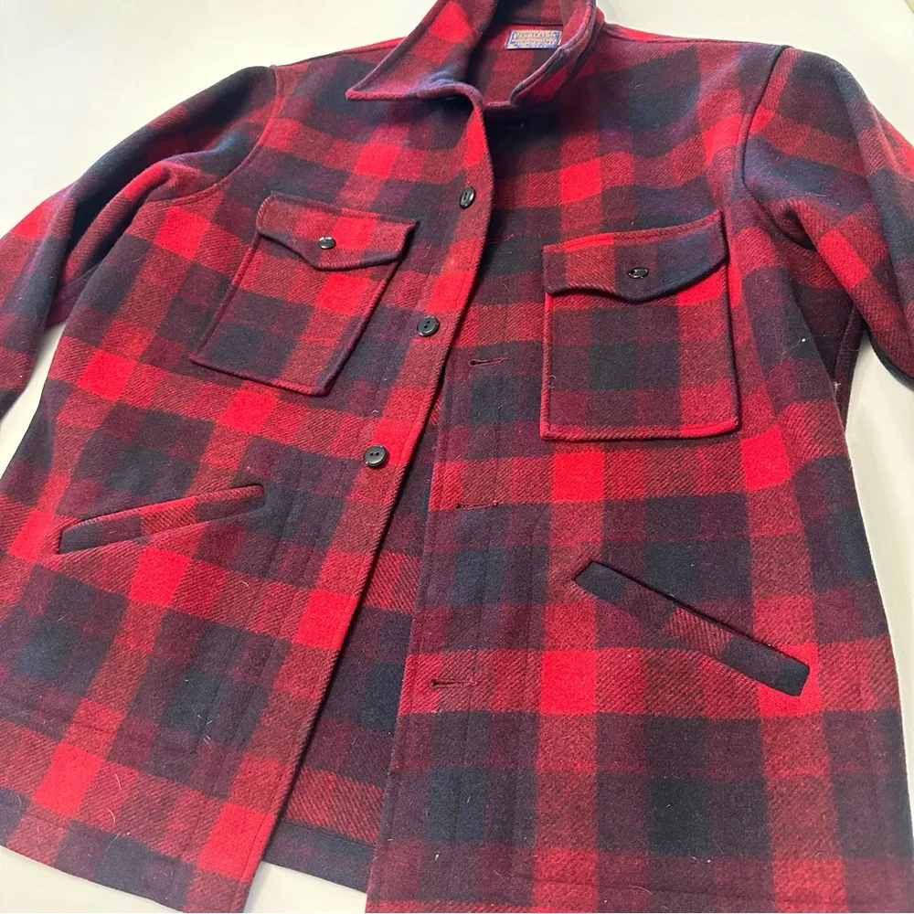 PENDLETON 100% wool red black buffalo plaid vintage hunter's jacket large - Picture 2 of 6